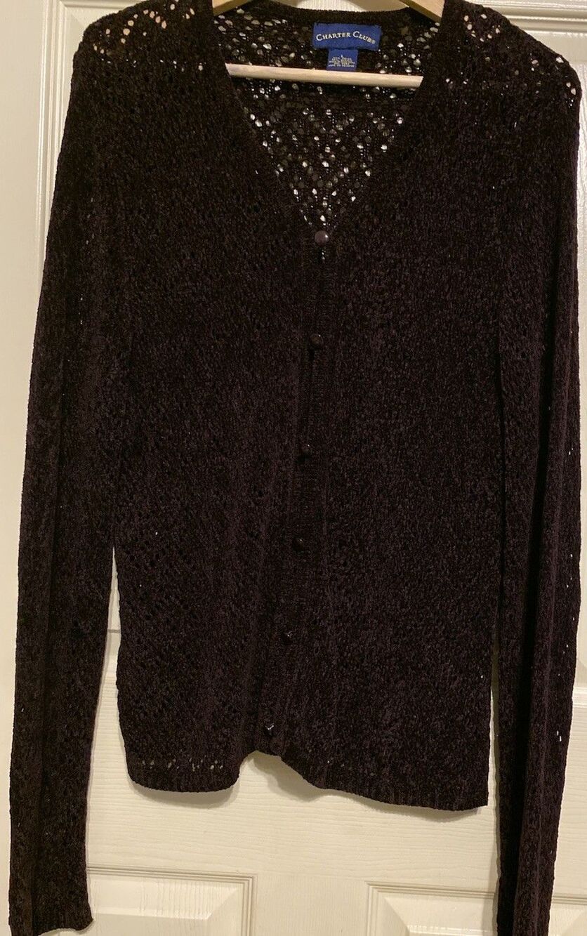 Vintage 90s y2k Open Knit Cardigan Sweater L Purple Chenille Dark Fairy Whimsigo